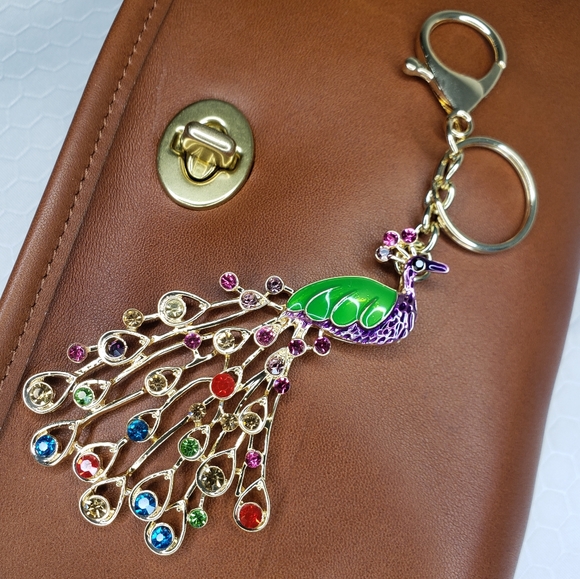 🔴 Lg Peacock Key Ring Charm Fob Purse Bling - Picture 5 of 8